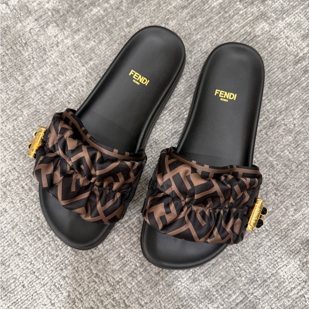 Fendi Brown Satin Slides - Picture 2 of 8